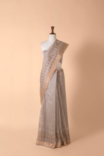 Handwoven Grey Chanderi Sari