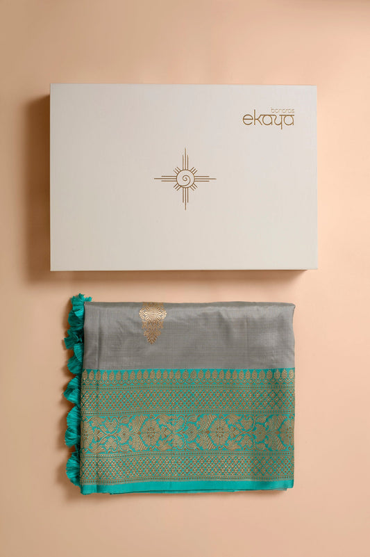 Handwoven Grey and Teal Sari Gift Box