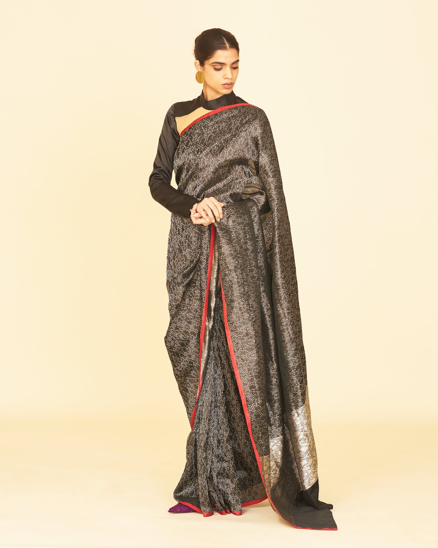 Handwoven Black Satin Silk Sari