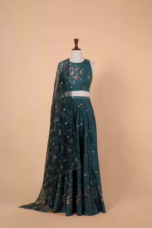 Handwoven Teal Digital Printed Silk Lehenga