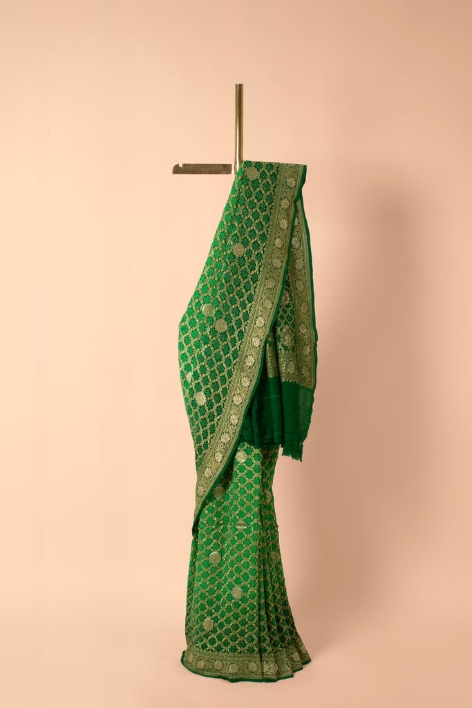 Handwoven Green Bandhani Sari