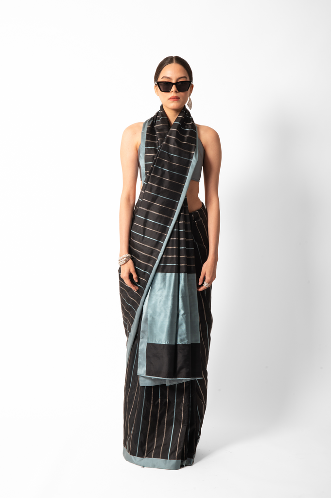 Ice Blue Black Stripe Saree