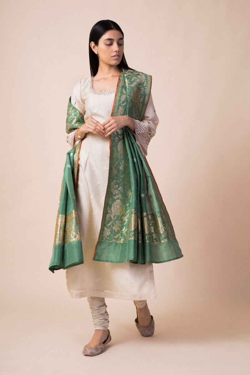 Handwoven Sage Green Parsi Gara Silk Dupatta by Ashdeen L. for Ekaya