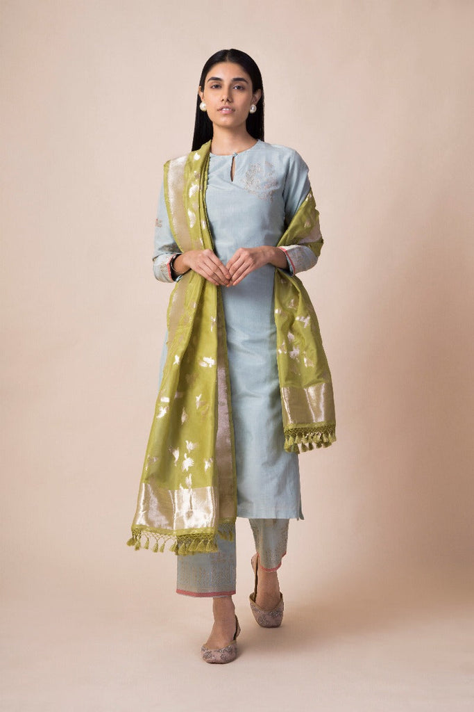 Handowven Golden Lime Silk Dupatta by Play Clan for Ekaya
