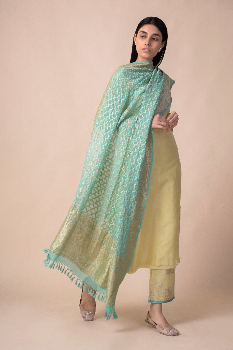 Handwoven Sea Green Bandhani Dupatta