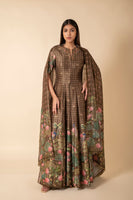 Handwoven Olive Green Digital Printed Silk Suit
