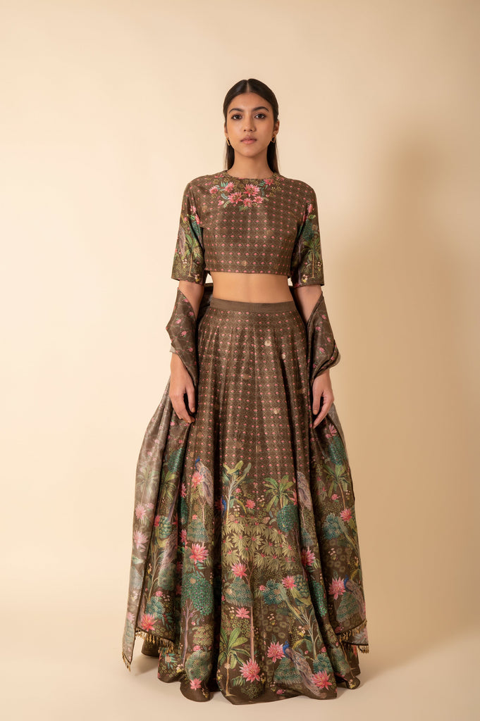Handwoven Olive Green Digital Printed Silk Lehenga
