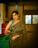 Zayn Marie in Handwoven Teal Organza Digital Printed Sari