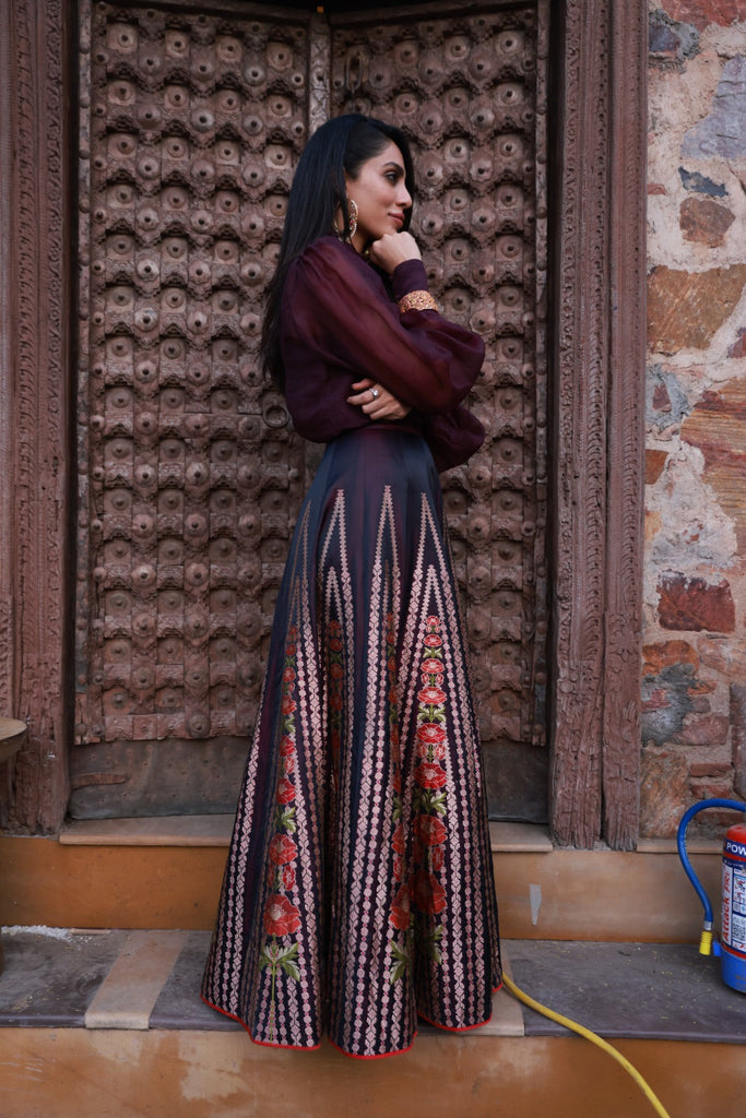 Sobhita Dhulipala in Handwoven Deep Wine Satin Silk Lehenga