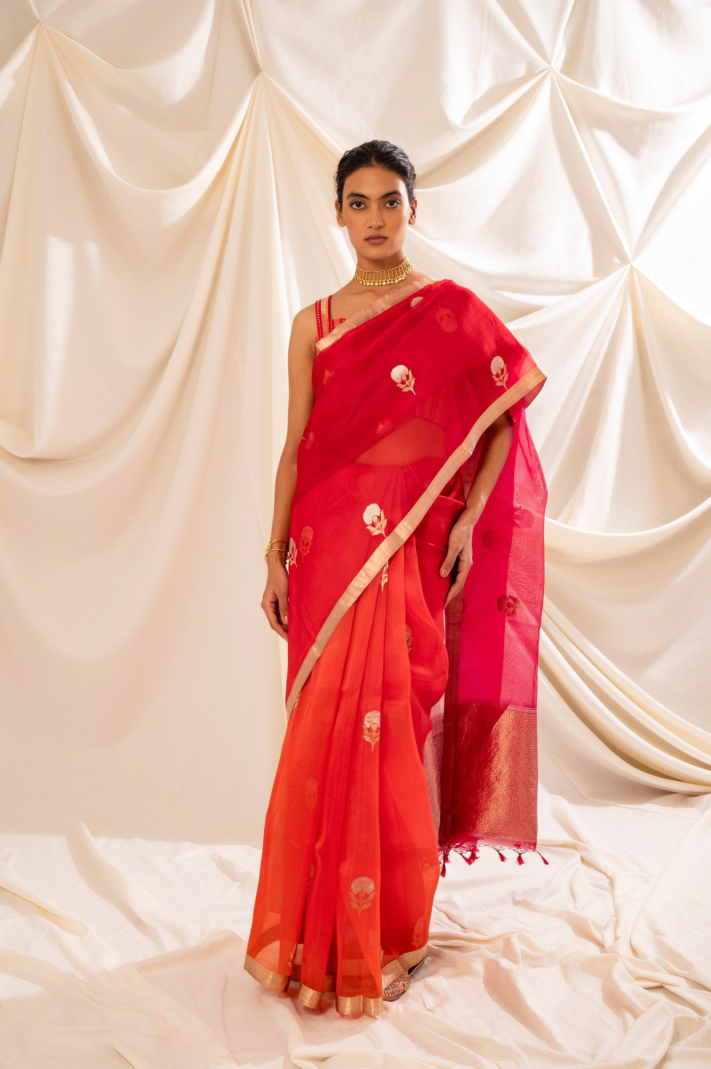 Handwoven Red Organza Sari