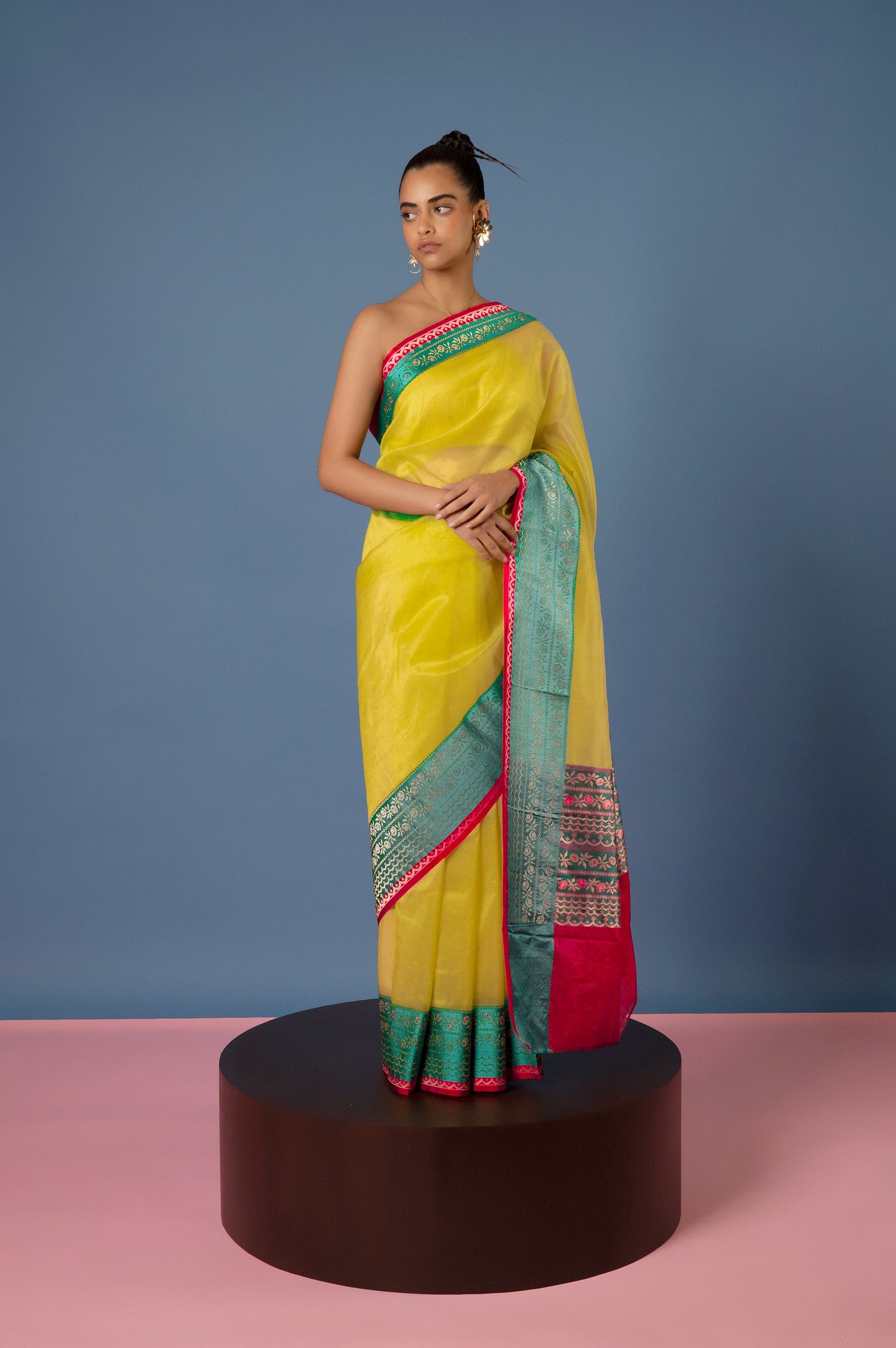 Handwoven Lime Yellow Organza Saree