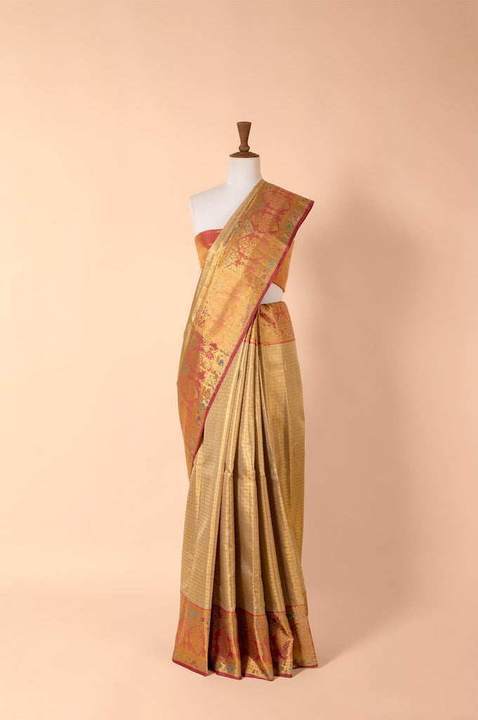 Handwoven Beige Real Zari Kanjivaram Tissue Sari