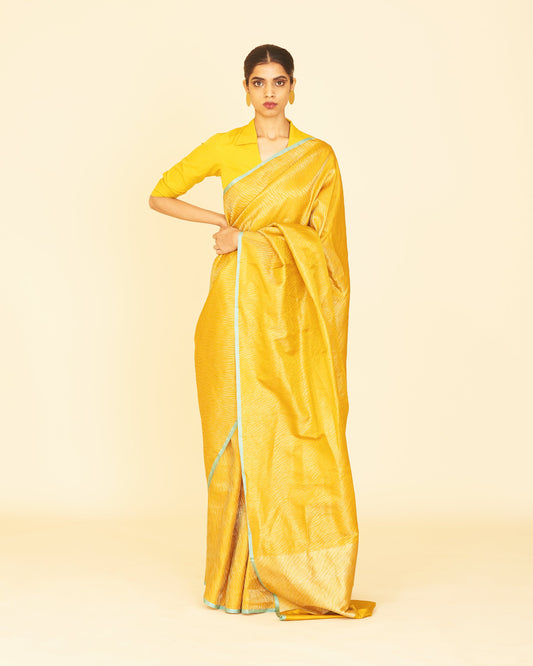 Handwoven Mustard Satin Silk Sari