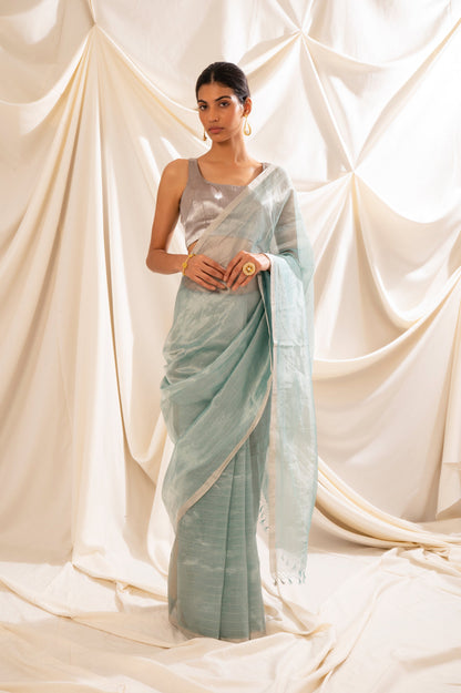 Handwoven Blue Tissue Organza Sari