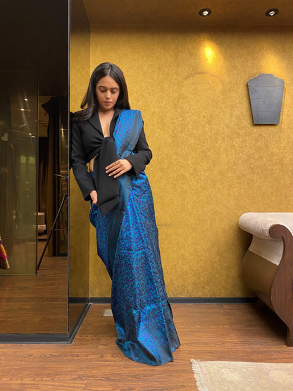 Handwoven Blue Satin Silk Sari