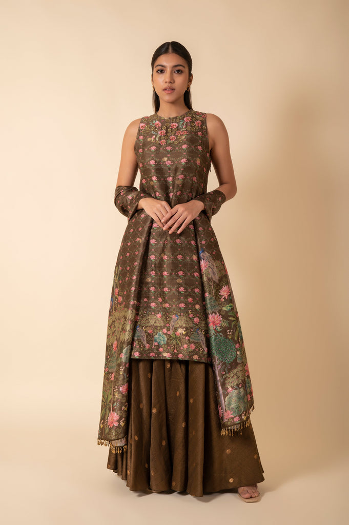 Handwoven Olive Green Digital Printed Silk Suit