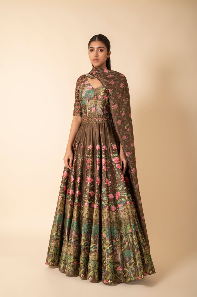 Handwoven Olive Green Digital Printed Silk Anarkali