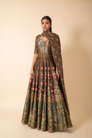 Handwoven Olive Green Digital Printed Silk Anarkali