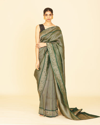 Handwoven Bottle Green Silk Saree