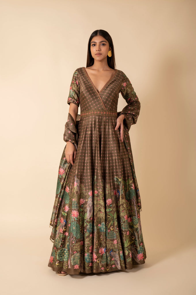 Handwoven Olive Green Digital Printed Silk Anarkali