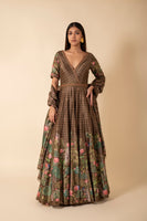 Handwoven Olive Green Digital Printed Silk Anarkali