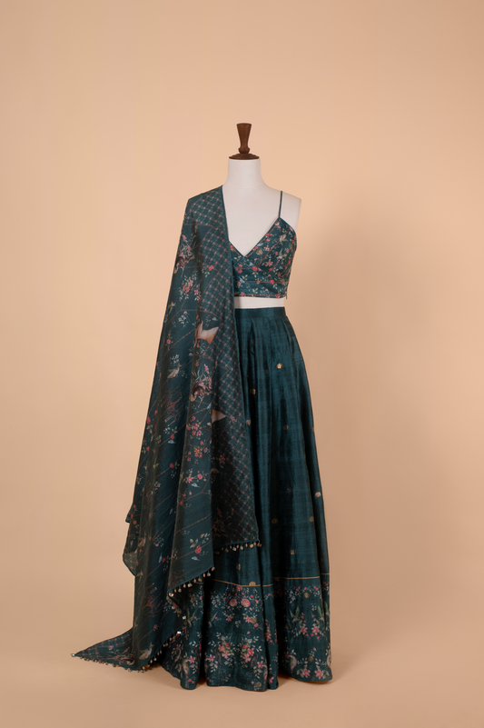 Handwoven Teal Digital Printed Silk Lehenga