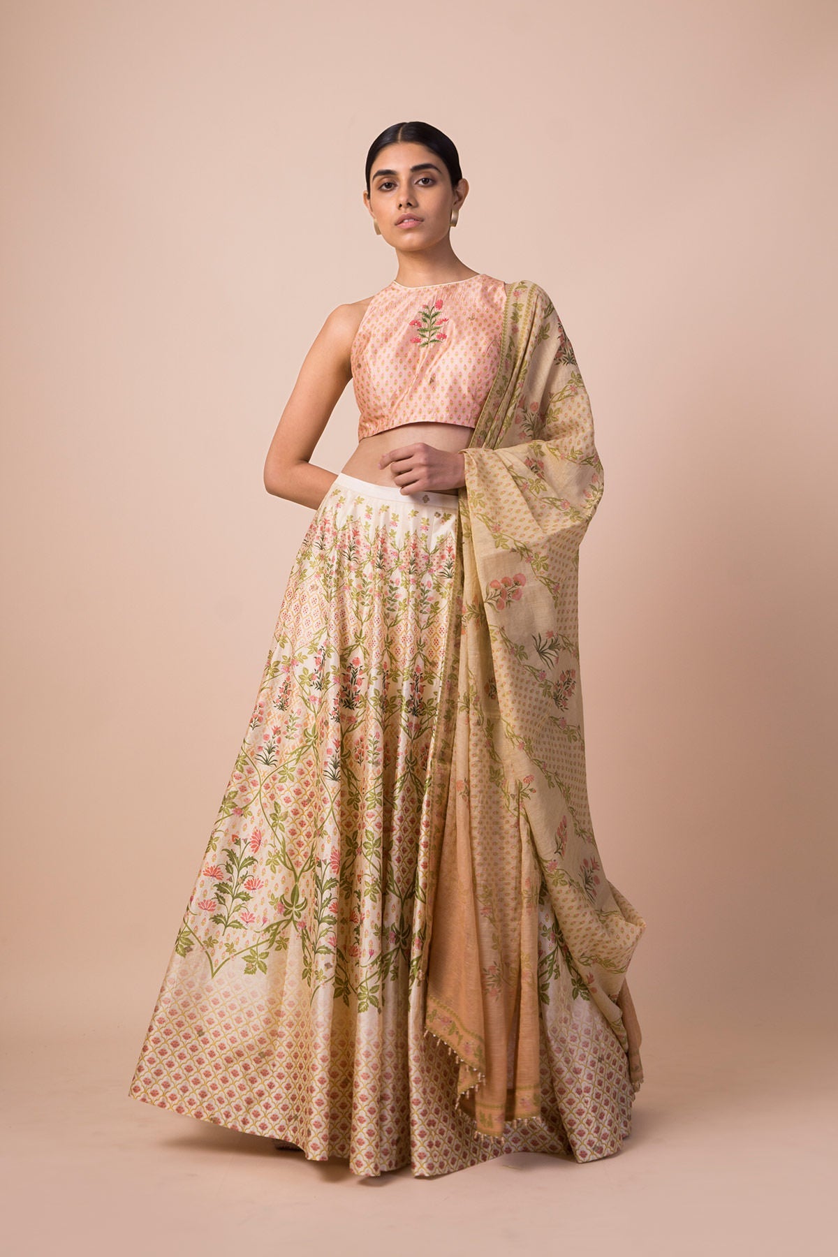 Handwoven Ivory Digital Printed Silk Lehenga