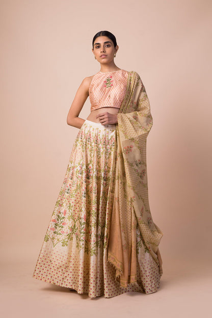 Handwoven Ivory Digital Printed Silk Lehenga