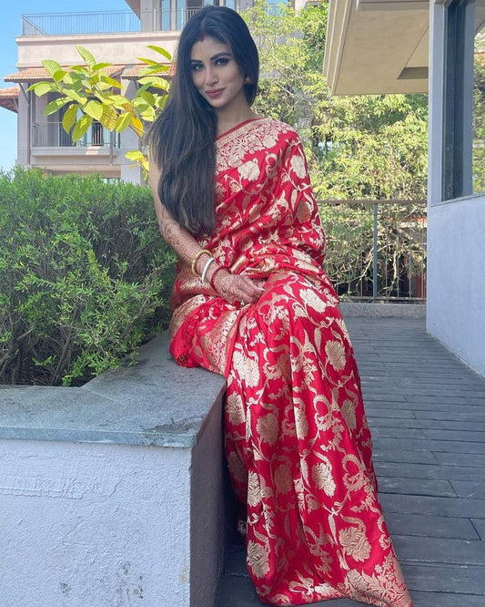 Mouni Roy in Handwoven Red Silk Saree