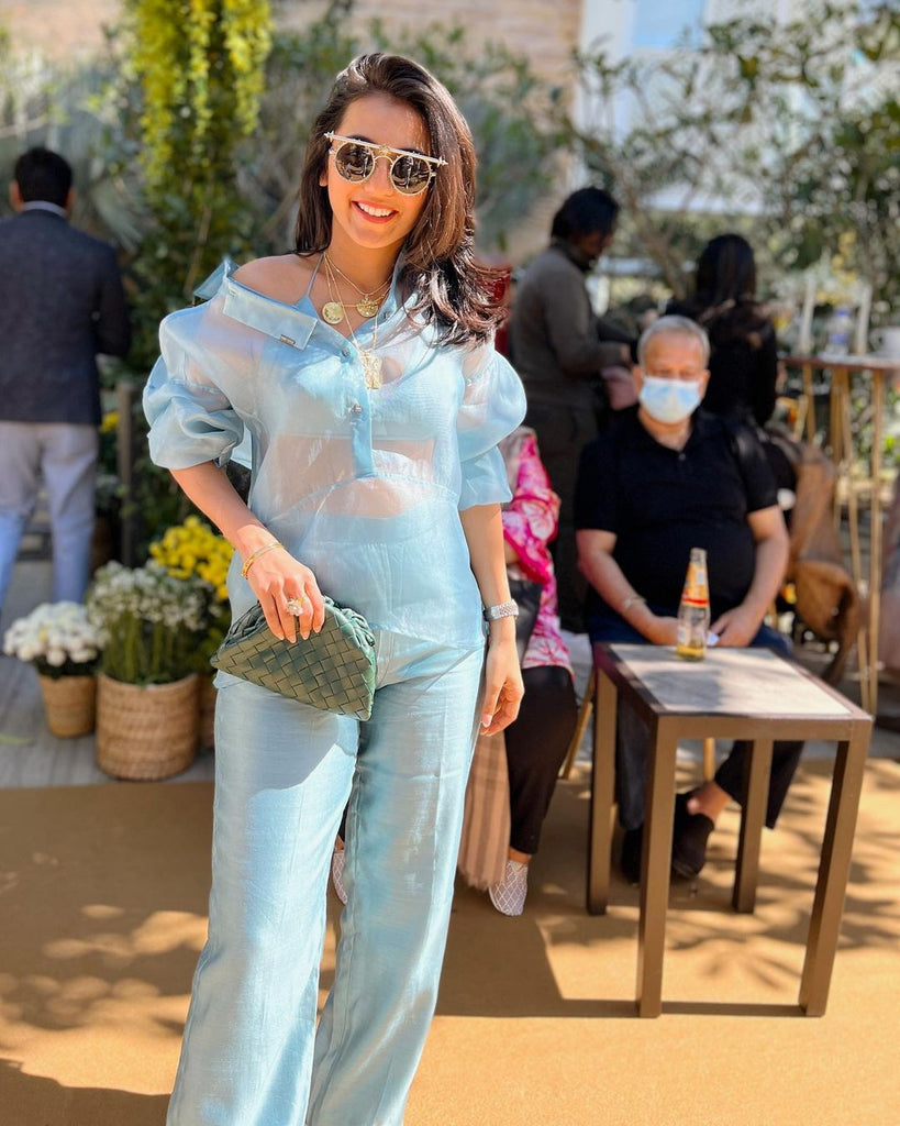 Masoom Minawala in Dusty Blue Organza Shirt Set