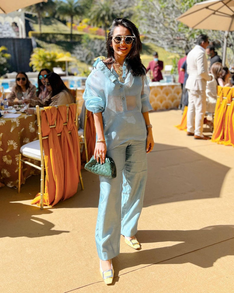 Masoom Minawala in Dusty Blue Organza Shirt Set