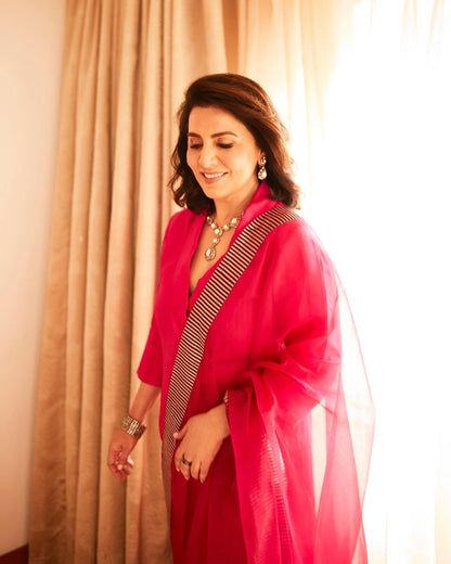 Neetu Kapoor in Paradise Pink Shawl Collar Kurta Set