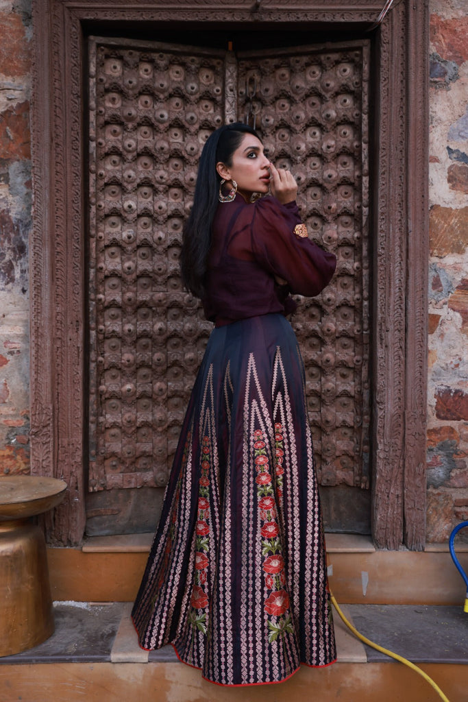 Sobhita Dhulipala in Handwoven Deep Wine Satin Silk Lehenga