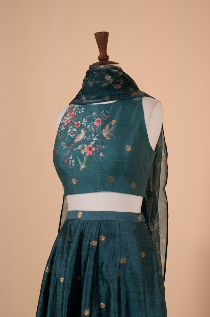 Handwoven Teal Digital Printed Silk Lehenga