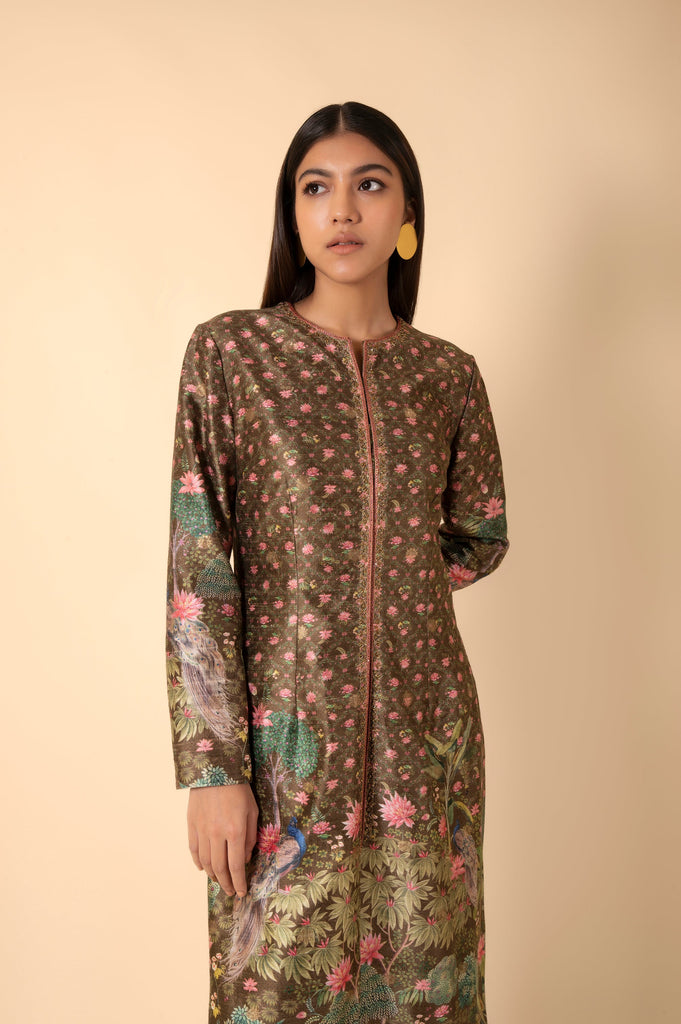 Handwoven Olive Green Digital Printed Silk Kurta
