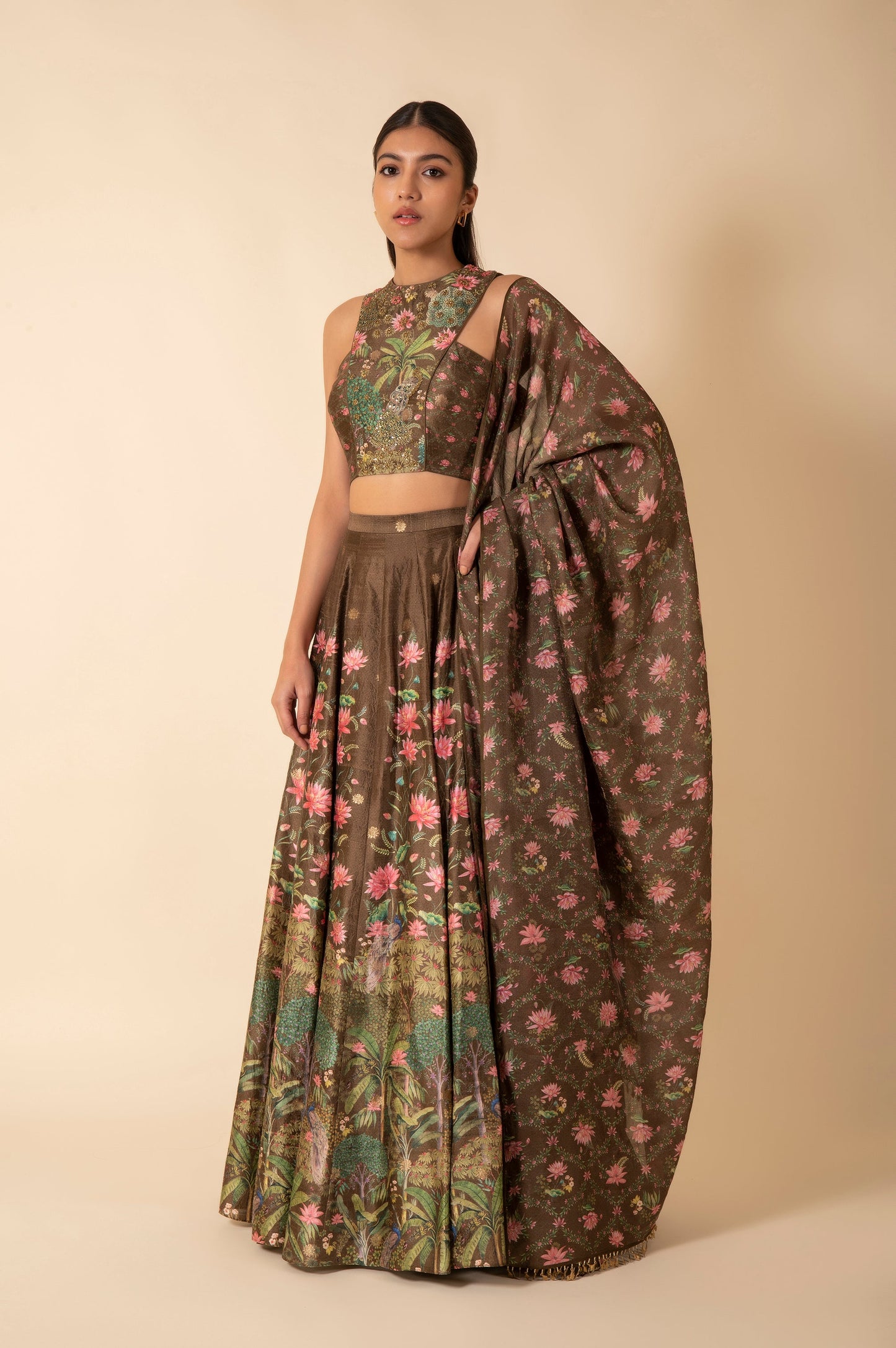 Handwoven Olive Green Digital Printed Silk Lehenga