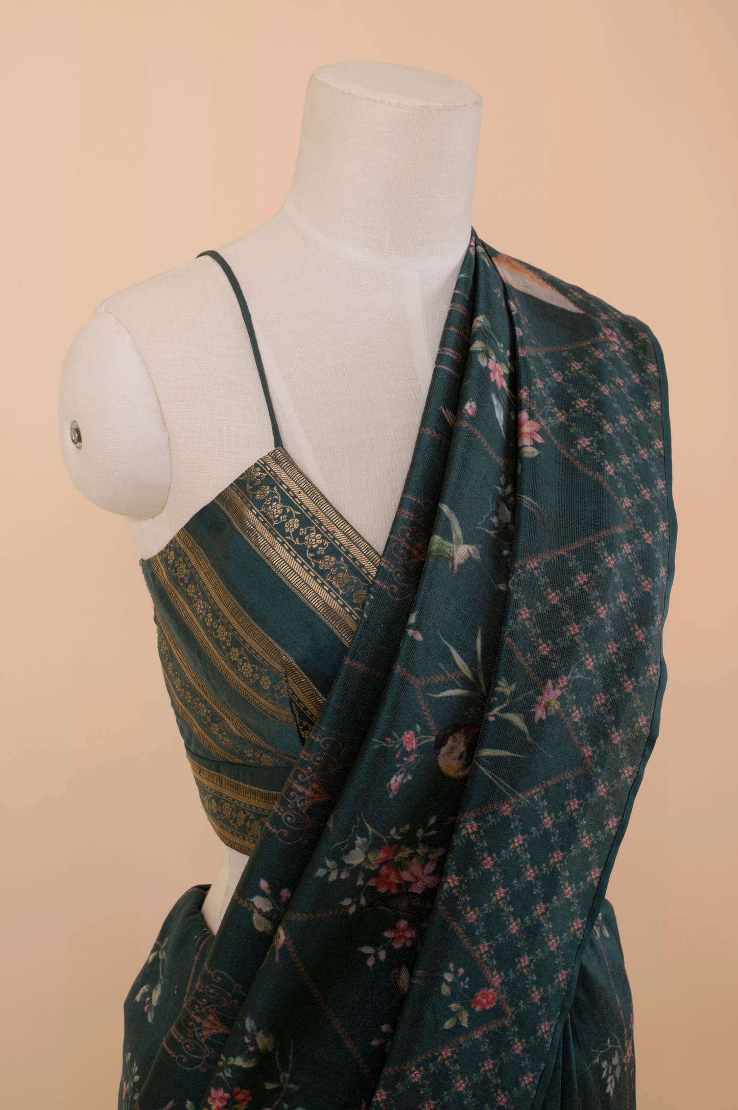 Handwoven Teal Digital Printed Silk Saree