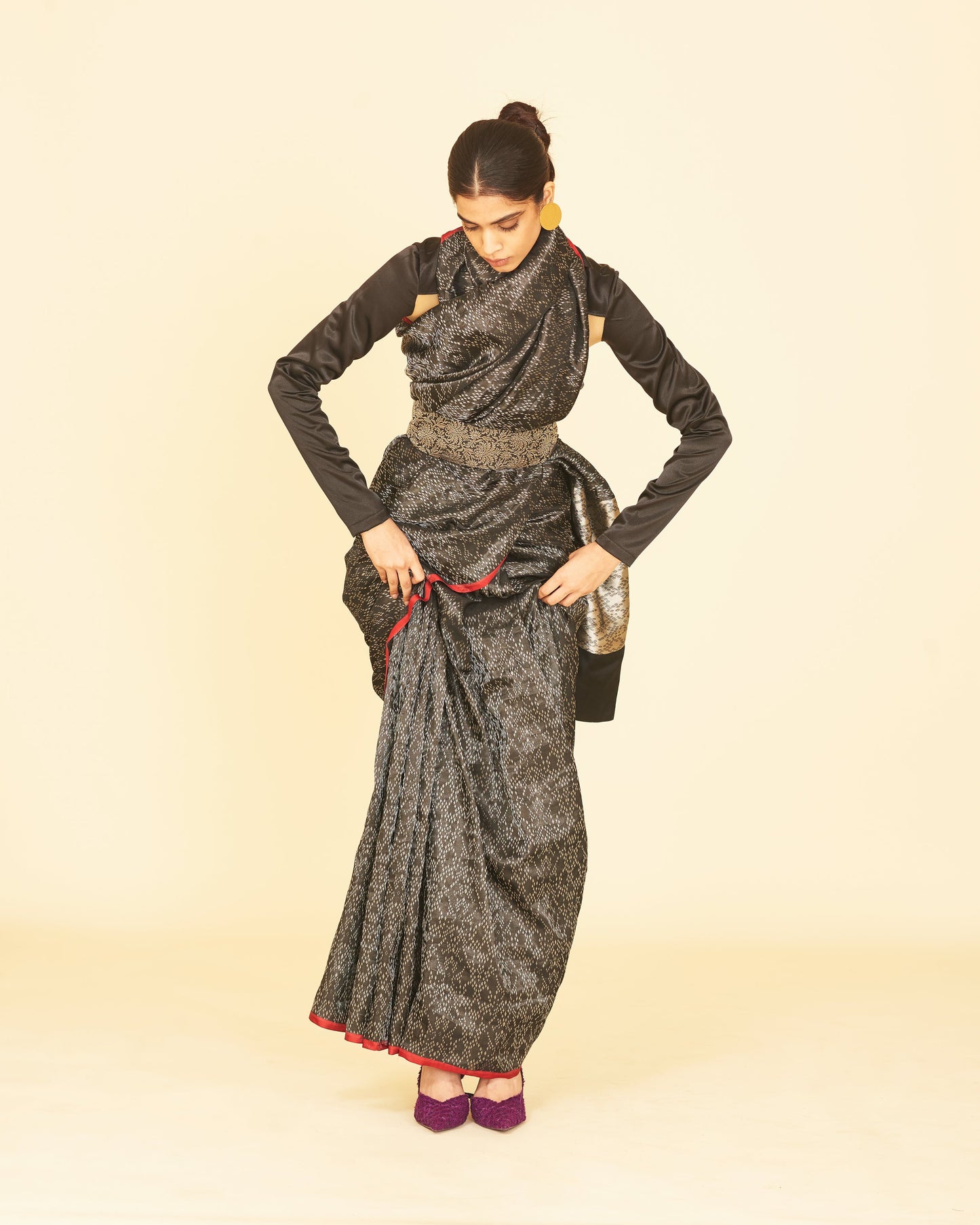 Handwoven Black Satin Silk Sari