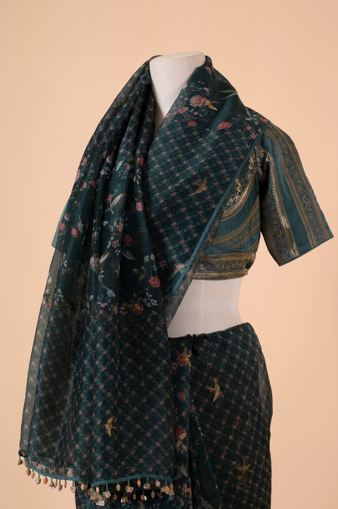 Handwoven Teal Organza Digital Printed Saree