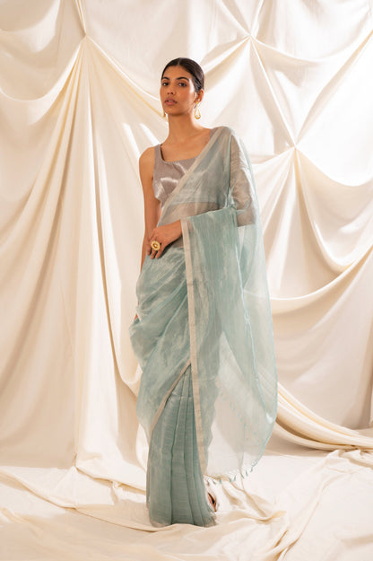 Handwoven Blue Tissue Organza Sari