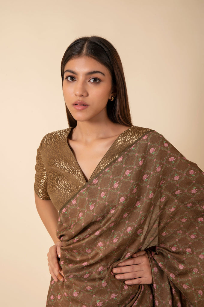 Handwoven Olive Green Digital Printed Tissue Sari