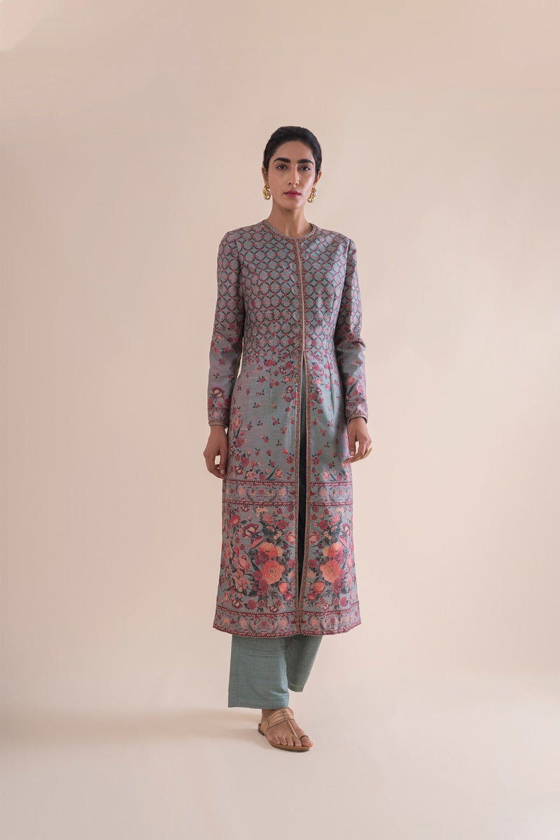 Handwoven  stone grey Digital Printed Silk Kurta and pants