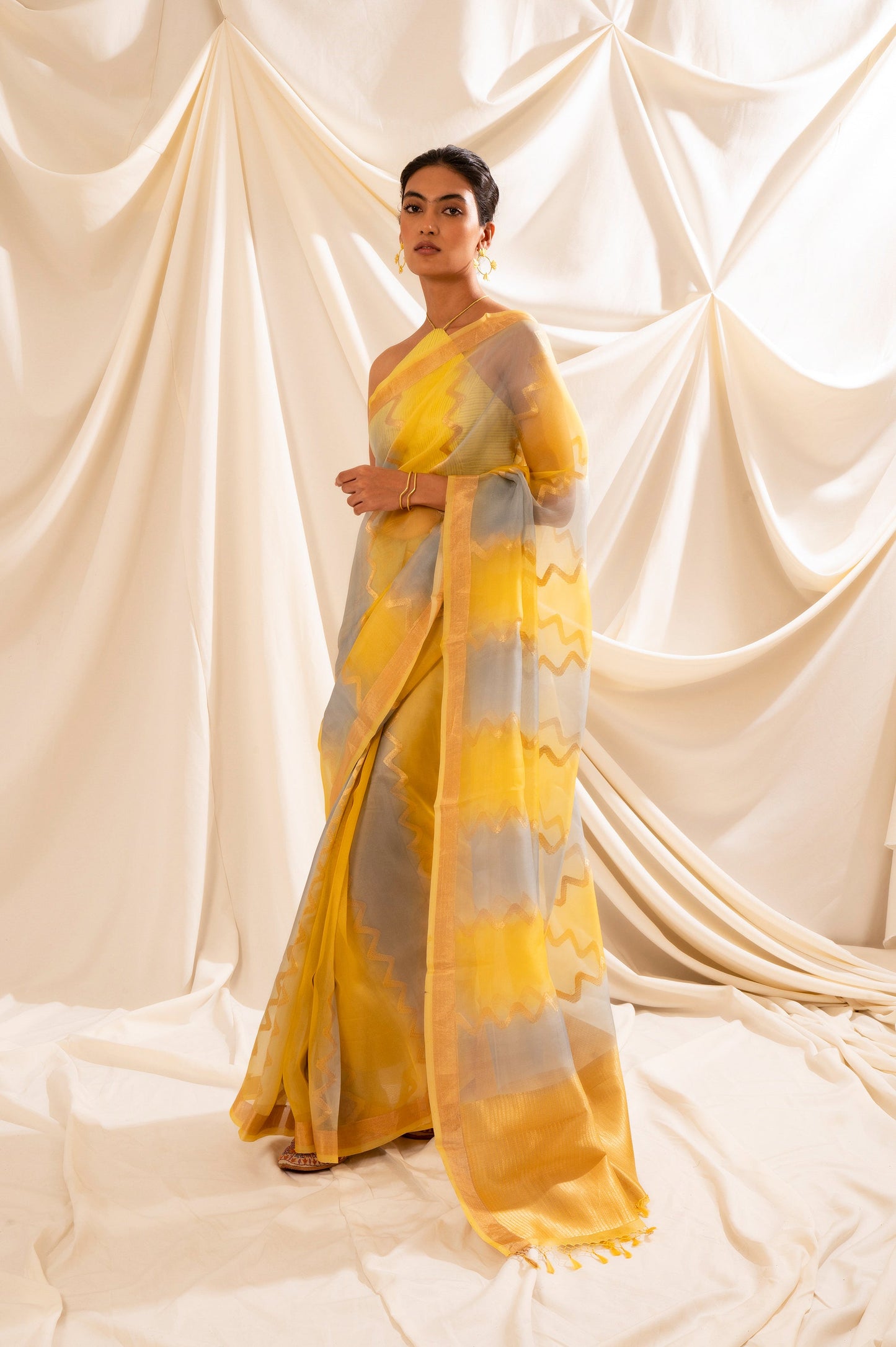 Handwoven Yellow Organza Sari