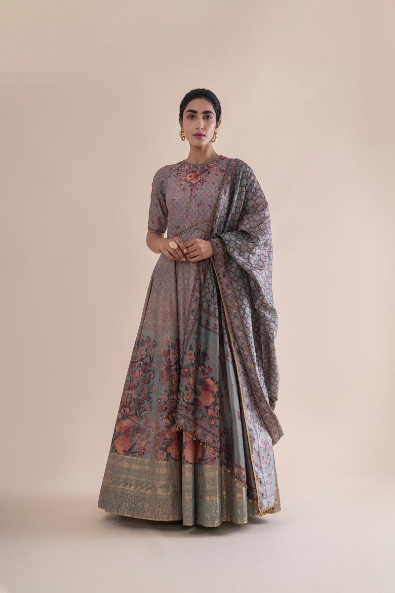 Handwoven stone grey Silk Anarkali Suit and churidar with dupatta