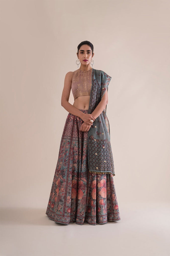 Handwoven Mint Digital Printed Silk Lehenga