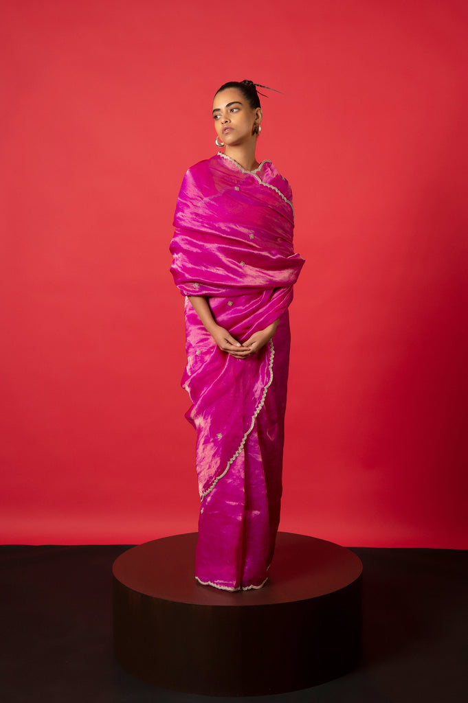 Handwoven Deep Pink Tissue Silk Sari