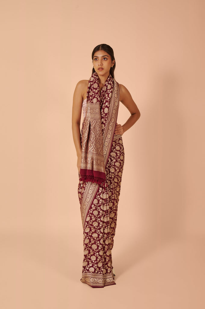 Handwoven Garnet Georgette Sari