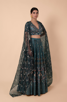 Handwoven Teal Digital Printed Silk Lehenga