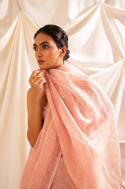 Handwoven Pink Organza Sari