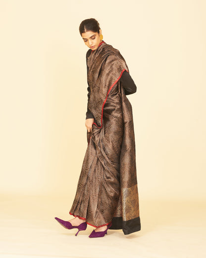 Handwoven Black Satin Silk Saree